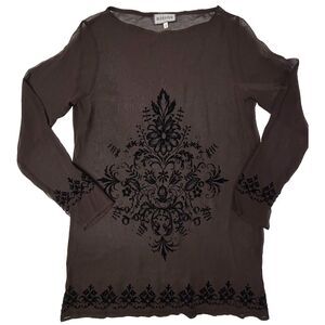 Italian VTG 90s Brown Sheer Tunic Velvet Small Floral Top Burnout Whimsigoth EUC